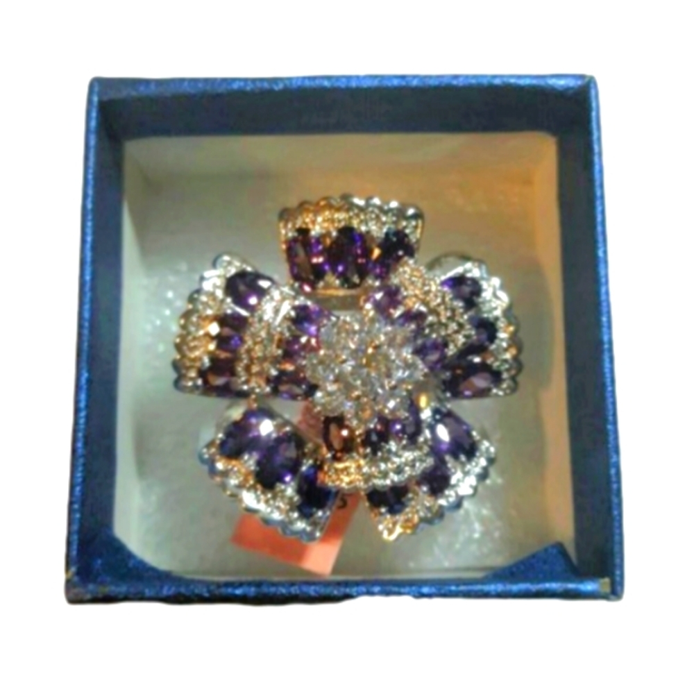 Purple & White Simulated Diamond Cocktail Ring - Picture 2 of 7